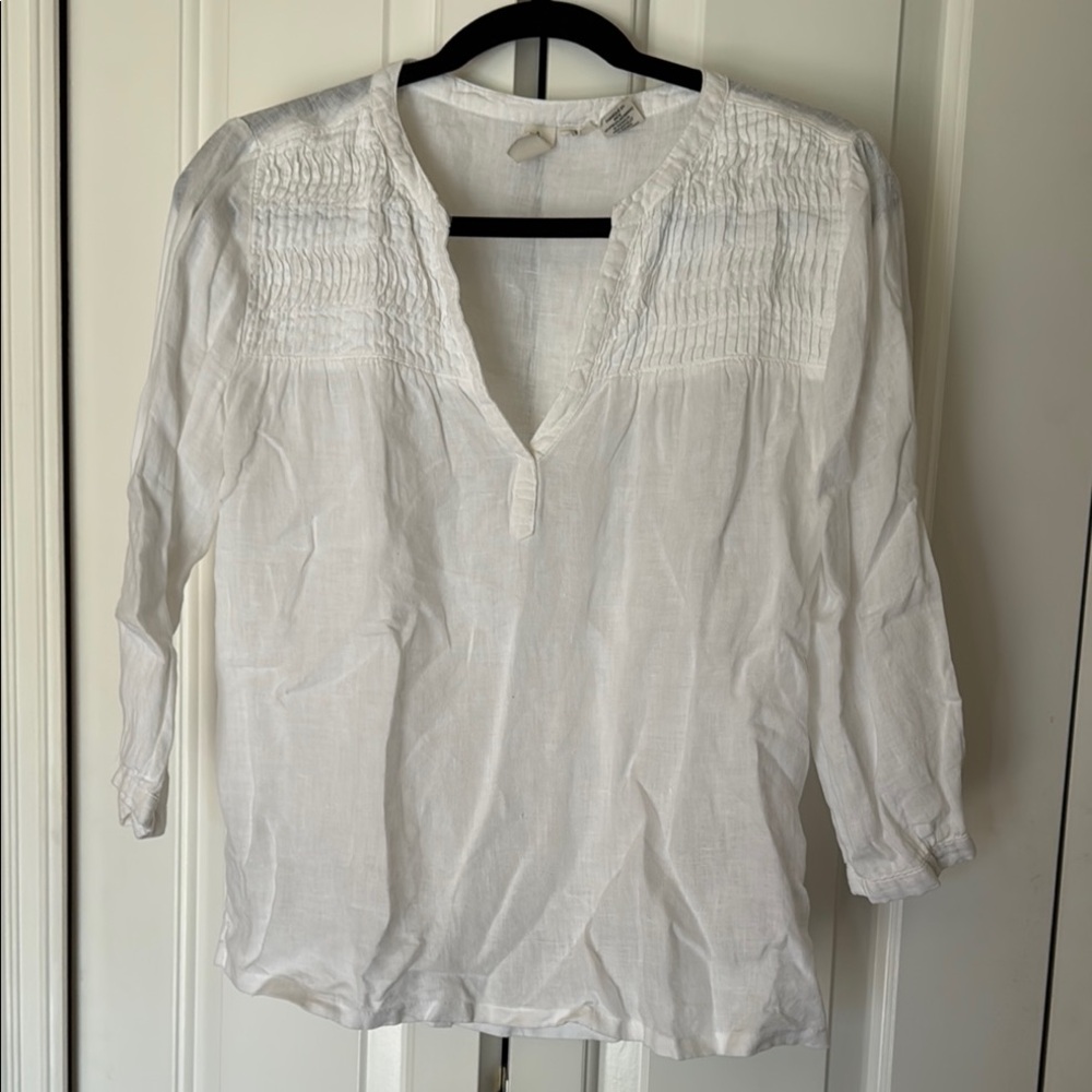 Joie  linen White Smocked Blouse with Mandarin Collar
